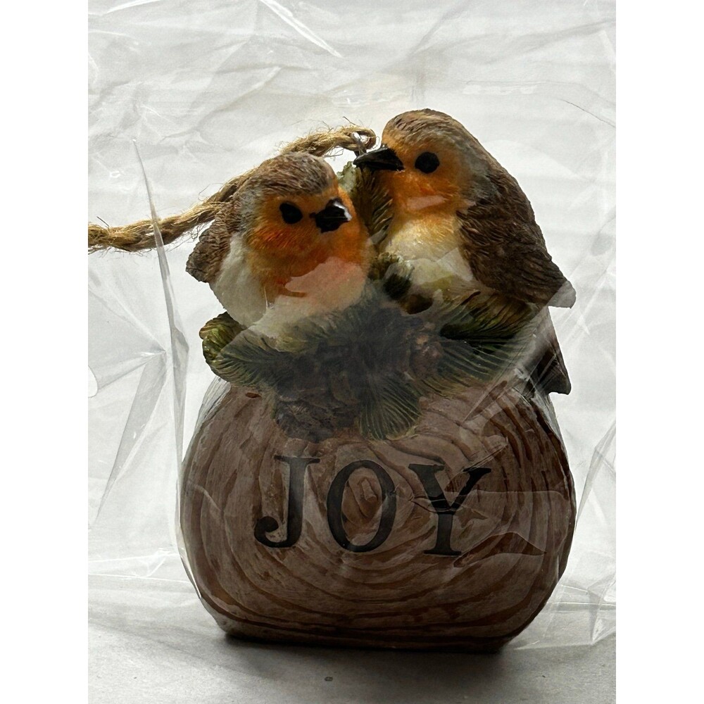 Ganz Christmas ornament features a pair of standing robin birds on a joy stand